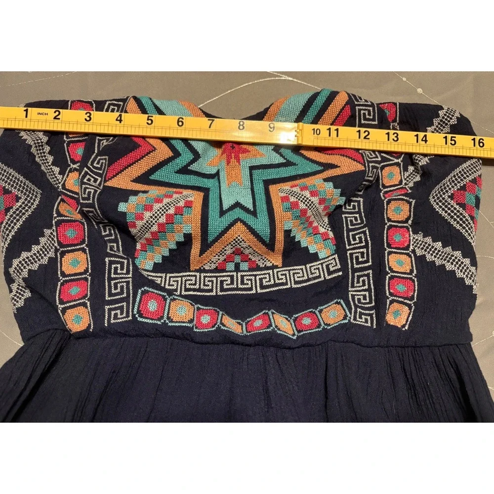 Maurices Navy Blue Embroidered Strapless Maxi Dress Boho Geometric Slit Large - Picture 4 of 7